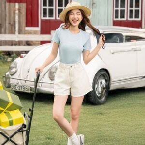 Áo thun gân ngắn tay cổ tròn nữ dáng ngắn